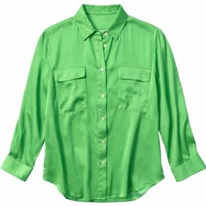 Nouvelle Silk95five Bright Green Silk Button Down Blouse Small EUC